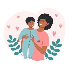 Afro American woman with a child. Mother holding baby boy son., twigs and hearts around. Motherhood, maternity leave, baby care, mothers day, happy family or single mother concept.