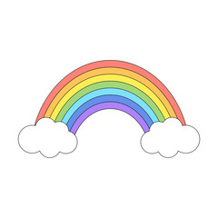 Colorful rainbow and clouds with black outline. Design for stickers, cards, posters, t-shirts, invitations, baby shower, birthday, room decor.