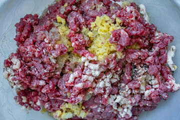 Minced meat and garlic in a bowl