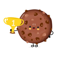 Cute funny chocolate cookies hold gold trophy cup. Vector hand drawn cartoon kawaii character illustration icon. Isolated on white background. chocolate cookies with winner trophy cup