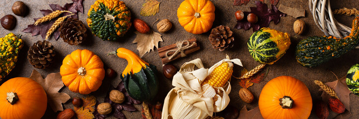 Autumn fall thanksgiving day composition with decorative pumpkins, banner