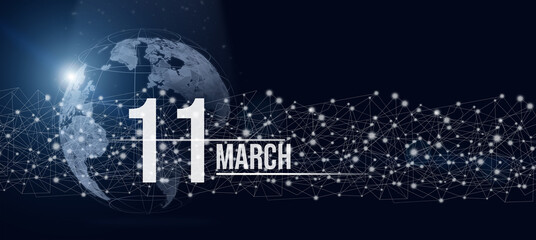 Fototapeta premium March 11st . Day 11 of month, Calendar date. Calendar day hologram of the planet earth in blue gradient style. Global futuristic communication network. Spring month, day of the year concept.