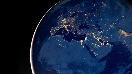 Earth photo at night, City Lights of Europe, Middle East, Turkey, Italy, Black Sea, Mediterrenian Sea from space, World map globe. Satellite HD photo. Elements of this image furnished by NASA. - obrazy, fototapety, plakaty