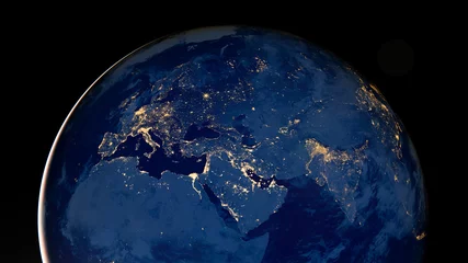 Foto op Aluminium Planet earth photo at night on black background, City Lights of Africa, Europe, and the Middle East from space, World map at night, HD satellite image. Elements of this image furnished by NASA. © gizemg