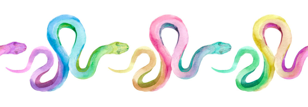 Beautiful hand painted watercolor snake patternisolated on a white background. Green snake design for card, invitation,branding. Wild animal hand drawn clipart.
