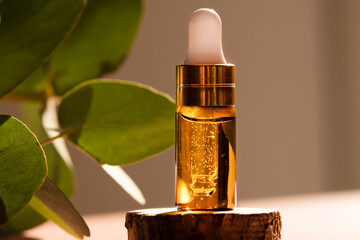 Cosmetic Glass Dropper Bottle On Wooden Podium With Oil, Serum Or Fruit Peeling In The Sunlight