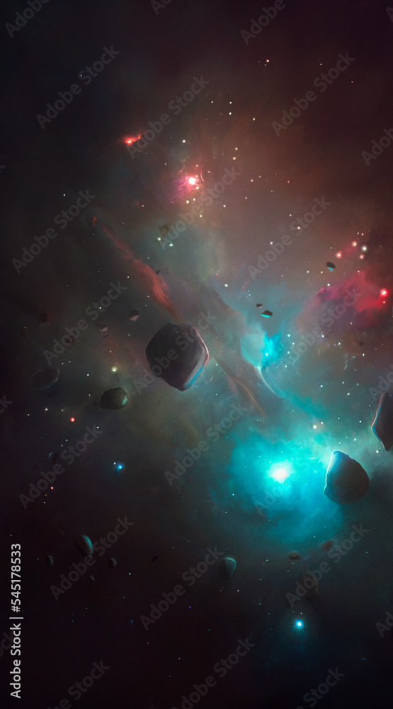 Wall mural illustration of the space space of asteroid against the backdrop of stars and nebulae