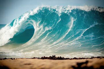 Beach Time on a beautiful sun day on a sandy beach with a huge breaking wave close to the beach, generative ai