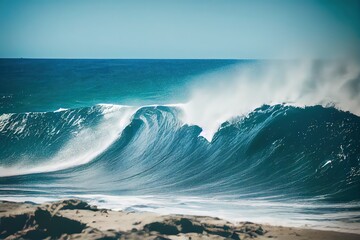 powerful surfing wave on a beautiful sunny day shot from a sandy beach, generative ai