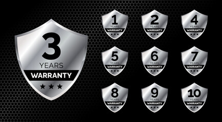 warranty shield silver label icon set. number of years 3, 1, 2, 3, 4, 5, 6, 7, 8, 9, 10. Vector EPS 10