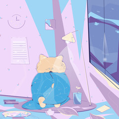Vector cat at home on an autumn cloudy day, wrapped itself up a blue plaid. The background is a room with such things are palette, cup, lighting candle, notebook, books, calendar, wall photo, lamp.