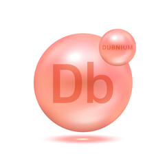 Dubnium molecule models red and chemical formulas scientific element. Natural gas. Ecology and biochemistry concept. Isolated spheres on white background. 3D Vector Illustration.