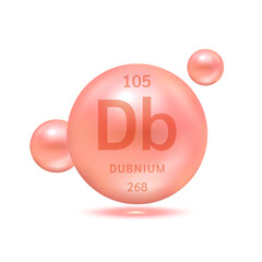 Dubnium molecule models red and chemical formulas scientific element. Natural gas. Ecology and biochemistry concept. Isolated spheres on white background. 3D Vector Illustration.