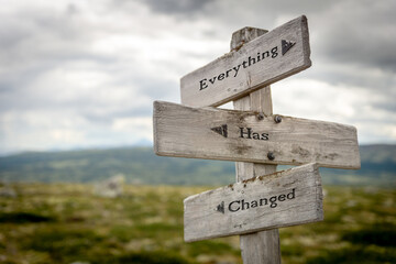 everything has changed text quote written on wooden signpost outdoors in nature.