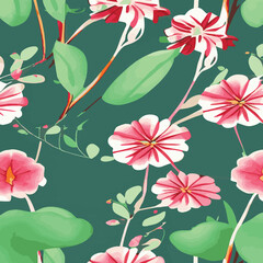 Floral hand drawn background. Botanical line art wallpaper with flowers, branches and eucalyptus leaves. Design in red and green shades watercolor texture for banner, prints, wall art and home decor.