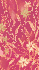 Floral hand drawn background. Botanical line art wallpaper with flowers, branches and eucalyptus leaves. Design in red and green shades watercolor texture for banner, prints, wall art and home decor.