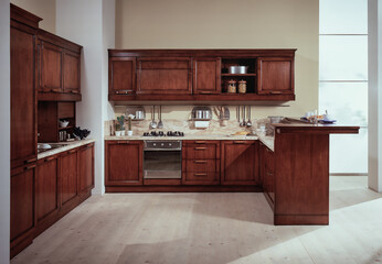 Single shot photo of a modern wooden kitchen setting