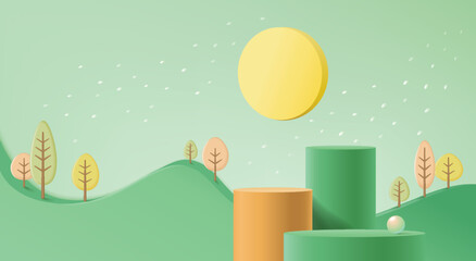 Minimal mock-up podium on autumn background concept 3d render