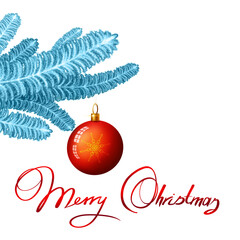 Christmas ball hanging on blue fir tree branch on white background.