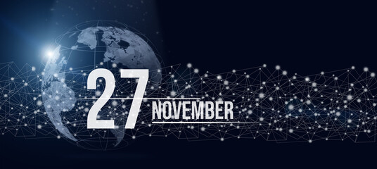 November 27th. Day 27 of month, Calendar date. Calendar day hologram of the planet earth in blue gradient style. Global futuristic communication network. Autumn month, day of the year concept.