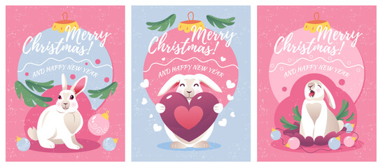 Fototapeta premium Christmas and New Year cards with a cute rabbit and Christmas decorations. Vector illustration