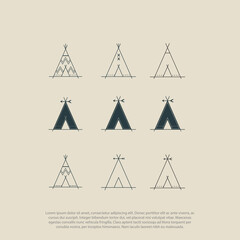 Wigwam,Teepee, tribes, tribal house,  the Native American traditional tent, aboriginal, set of line art symbols for logo design and lettering in boho and hipster style, logo design vector © vian