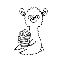 Funny llama with pancakes outline illustration. Food concept.