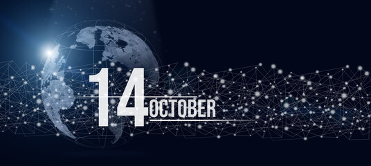 October 14th. Day 14 of month, Calendar date. Calendar day hologram of the planet earth in blue gradient style. Global futuristic communication network. Autumn month, day of the year concept.