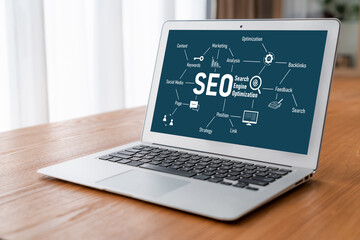 SEO search engine optimization for modish e-commerce and online retail business showing on computer...
