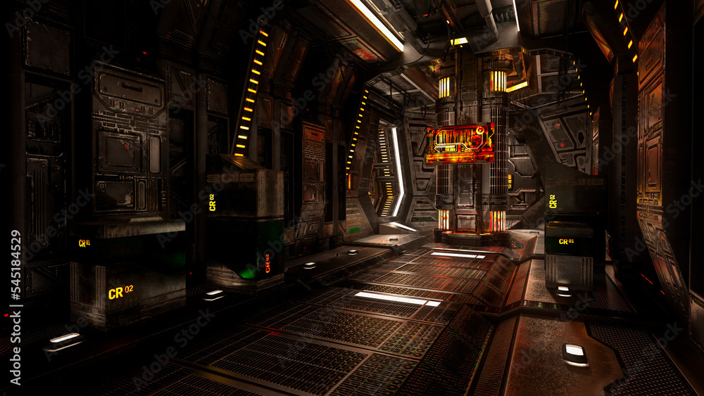 Poster dark mysterious science fiction space ship corridor. 3d rendering.