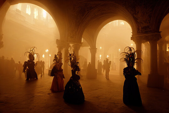 Silhouettes Of Masked People In Disguise In The Carnival Of Venice. Interior Of A Large Italian Palace With Guests Wearing Traditional Costumes And Mysterious Masks In Mardi Grass. Generative Ai