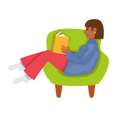 Woman sitting in a chair and reading a book. Vector graphic.	