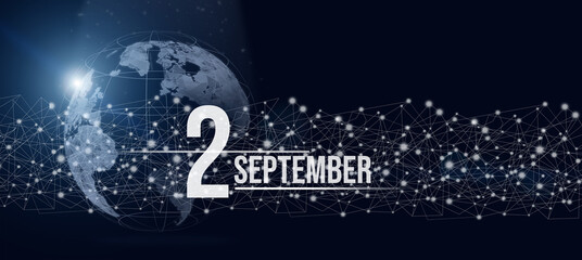 September 2nd. Day 2 of month, Calendar date. Calendar day hologram of the planet earth in blue gradient style. Global futuristic communication network. Autumn month, day of the year concept.