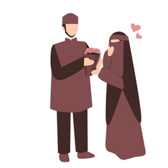 Romantic Muslim Couple. Husband giving flower to wife. 
