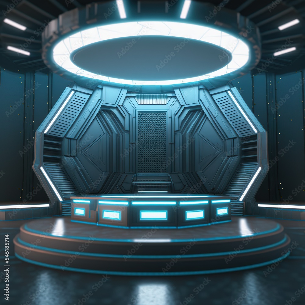 Poster Technology Background. Power podium empty stage. Power podium empty stage. Sci-fi idea concept. Circle portals, teleport, future gadget. 3D illustration