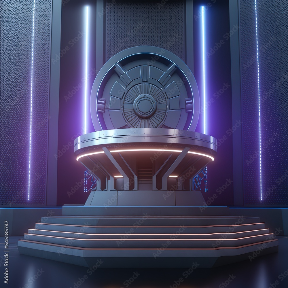 Poster Technology Background. Power podium empty stage. Power podium empty stage. Sci-fi idea concept. Circle portals, teleport, future gadget. 3D illustration