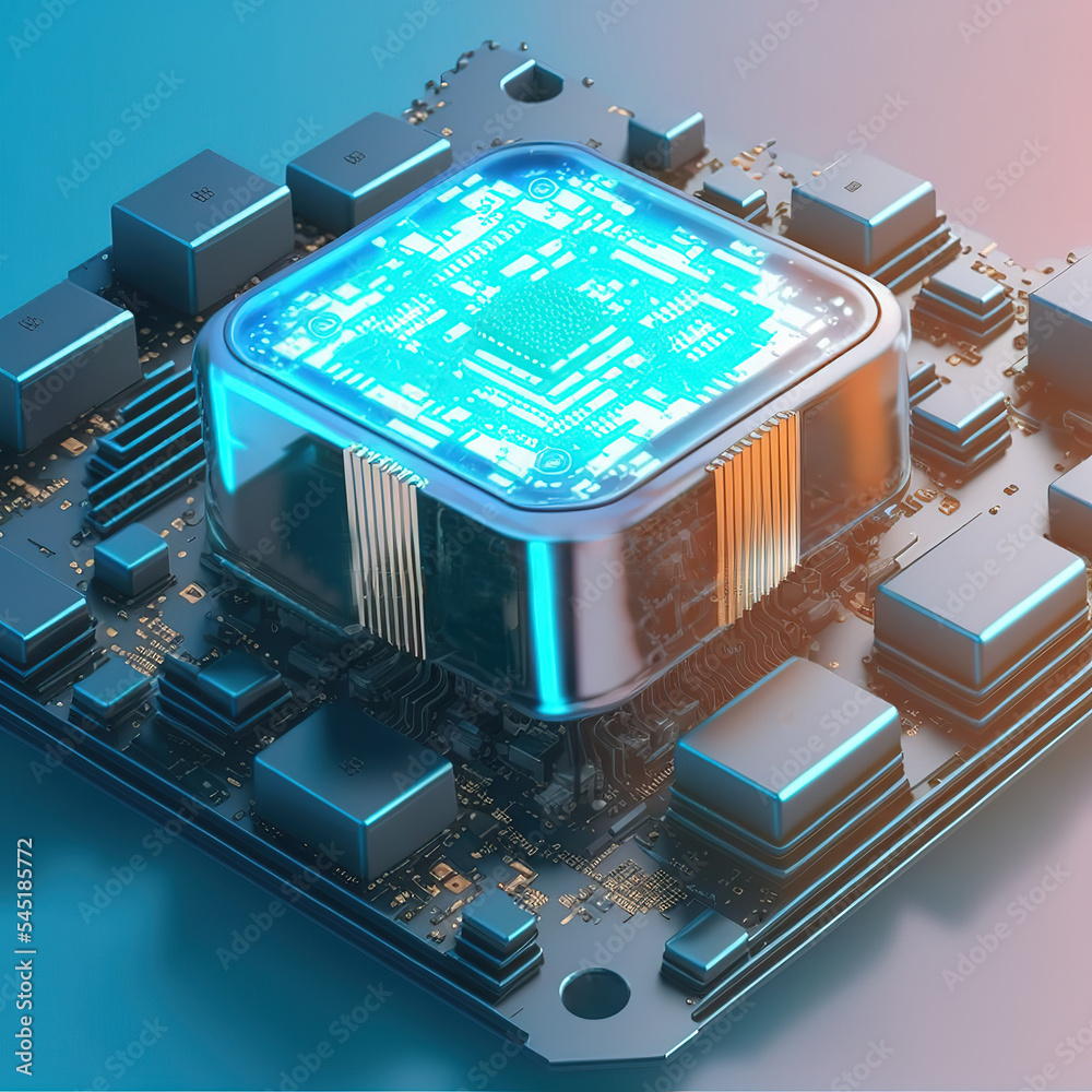 Poster Quantum computer or CPU processor, large data processing, database concept. CPU isometric banner. 3D illustration