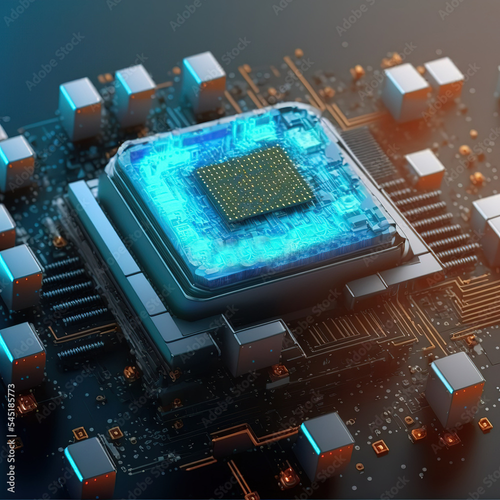 Aufkleber Quantum computer or CPU processor, large data processing, database concept. CPU isometric banner. 3D illustration