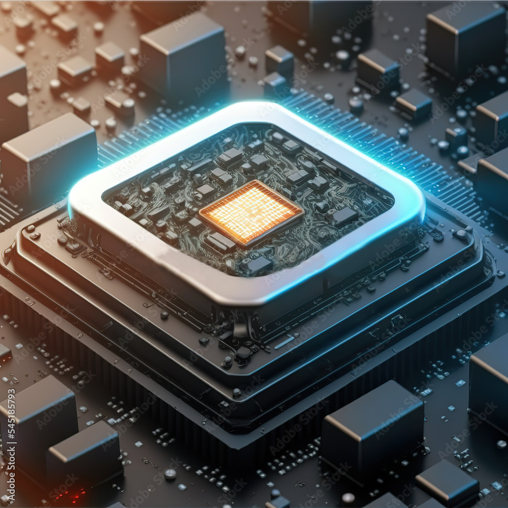 Poster Quantum computer or CPU processor, large data processing, database concept. CPU isometric banner. 3D illustration