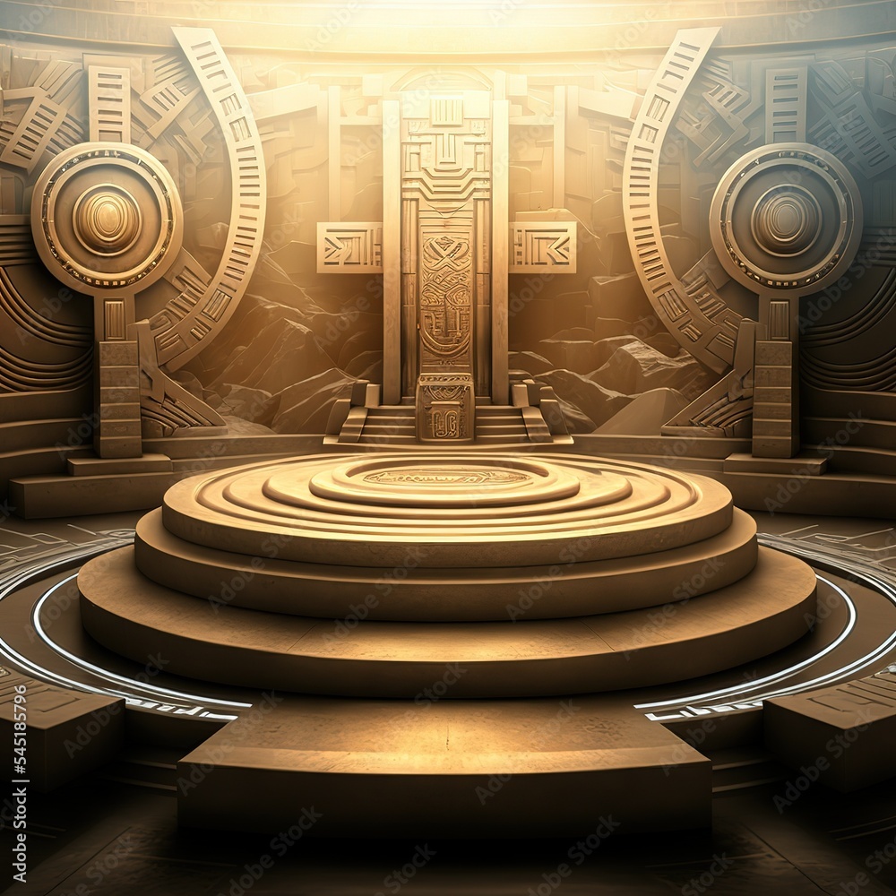 Poster Technology Background. Power podium empty stage. Power podium empty stage. Sci-fi idea concept. Circle portals, teleport, future gadget. 3D illustration