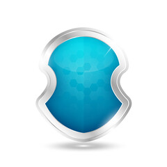 Protection shield frame aluminum shiny silver with blue shiny glass glowing isolated on white background. Safety label blank for text. Presentation sticker shape. Icon 3D Vector EPS10.