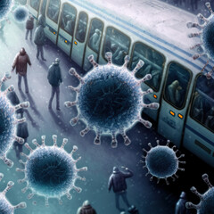 COVID-19 Corona Viruses floating in the Air over a Bus with Passengers, surreal digital Illustration