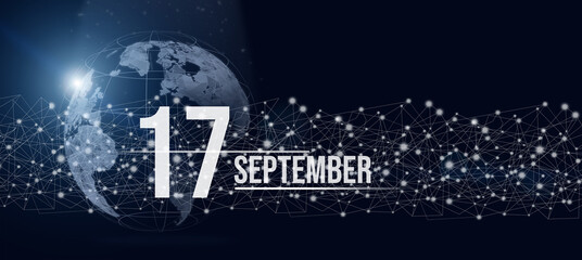 September 17th. Day 17 of month, Calendar date. Calendar day hologram of the planet earth in blue gradient style. Global futuristic communication network. Autumn month, day of the year concept.