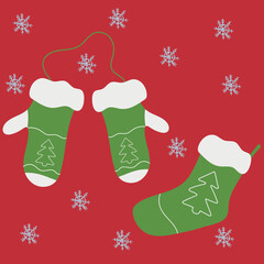 Christmas illustration of green socks and mittens on a red background. Flat style. Vector.