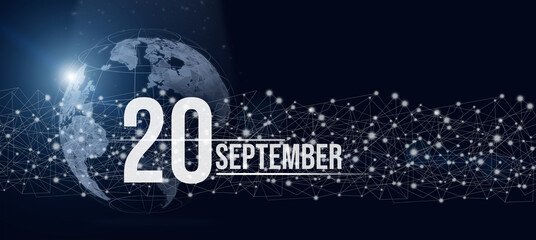 September 20th. Day 20 of month, Calendar date. Calendar day hologram of the planet earth in blue gradient style. Global futuristic communication network. Autumn month, day of the year concept.