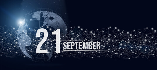 Obraz na płótnie Canvas September 21st . Day 21 of month, Calendar date. Calendar day hologram of the planet earth in blue gradient style. Global futuristic communication network. Autumn month, day of the year concept.