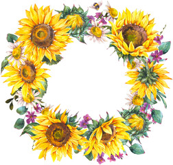 Watercolor Round Sunflowers Frame Transparent PNG