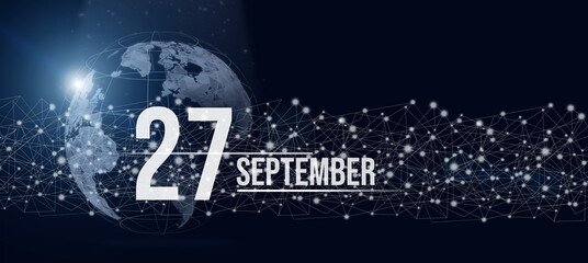 Obraz na płótnie Canvas September 27th. Day 27 of month, Calendar date. Calendar day hologram of the planet earth in blue gradient style. Global futuristic communication network. Autumn month, day of the year concept.