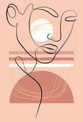 Vector template of design and illustrations in a minimalistic linear style. Minimalistic modern art. Female portrait and abstract print.