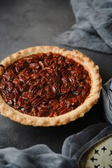 Homemade Pecan Pie - Thanksgiving holiday dessert, selective focus